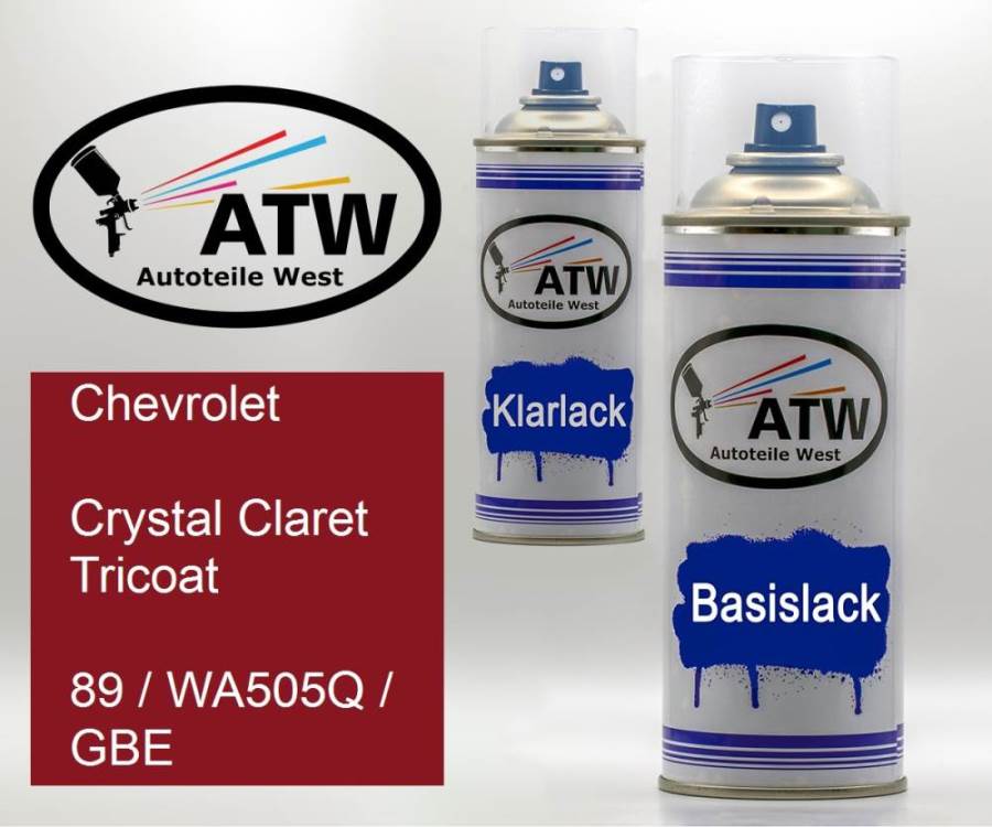 Chevrolet, Crystal Claret Tricoat, 89 / WA505Q / GBE: 400ml Sprühdose + 400ml Klarlack - Set, von ATW Autoteile West.